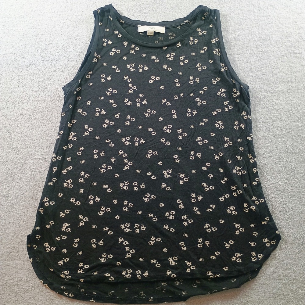 LOFT‎ Women Tank Top Black Floral Medium Sleeveless Rayon Blouse